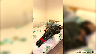 Latina in Leather Boots and Full Leather Outfit Tied Tight and Wrap Gagged
