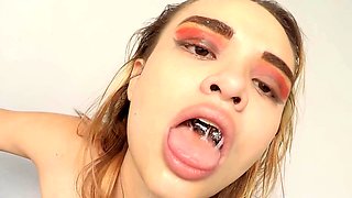 Blonde submissive whore drips cum while Face Fucked