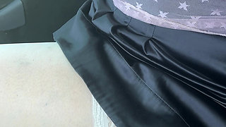 Exhibition in Micro Satin Skirt Without Panties and Transparent Pink Top in Public