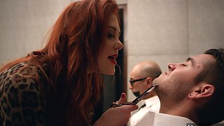 Redheaded seductress Maitland Ward teases Dante Colle with her huge fakes and slinky lingerie