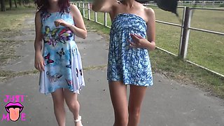 Two Girls Flashing Pussy In Public Park, Upskirt No Panties