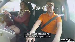Curvy British babe sucks and rides the driving instructor in the car