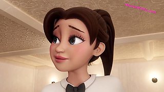 Busty waitress gives her FUTA customer a surprise blowjob