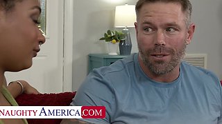 Tiny titted Addis seduces her roomie's date and fucks him on the couch