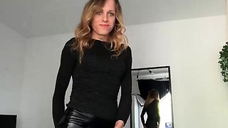 Big tit shemale jerks her long cock