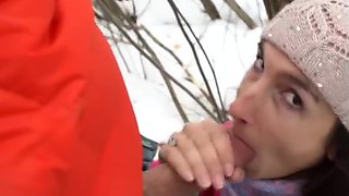 Milking tits and swallow cum in the cold