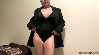 Blonde Cougar Strips, Spanks Her Ass & Rides a Dildo Doggy