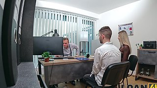 Two office sluts getting fucked on the table right in front of their husband