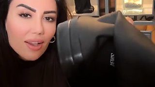 Tattooed busty brunette with foot fetish does hot footjob