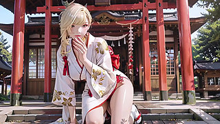 Kneeling under the Torii gate in a beige modified kimono, she touches her chest and traces her collarbon
