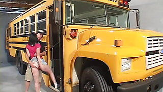 Hot young slut deep throats a cock on the school bus