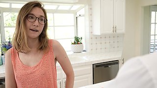 Glasses-wearing Claire gets her tiny titties sucked in HD while moaning on the kitchen counter