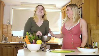 Curvy hairy lesbian and busty plumper fuck in the kitchen