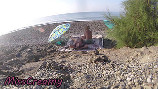 Exhibitionist Wife Outdoor Amateur Milf Blowjob & Handjob Big Cock on Nudity Beach public in front of voyeur with cum