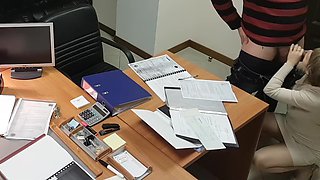 Hot office secretary sucks and rides her boss on the desk