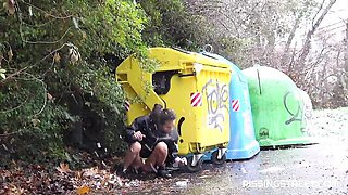 Gorgeous angel in a leather jacket Mini Mitzi X is pissing outdoors