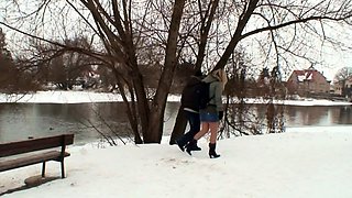 Old Guy Seduce Curvy Nylon Teen to Fuck Outdoor in Snow