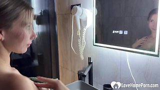 My Buxom Blond hair girl GF with Amazing Jugs Masturbates in Shower While I Record Her