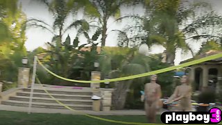 Exciting big boobs babes washing luxurious car