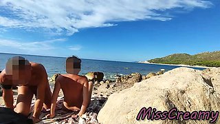 French Amateur Wife Miss Creamy Fucks Big Cock on Nude Beach - Public Sex & Cum in Mouth