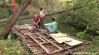 Busty Teen Gets Spit Roasted Outdoors