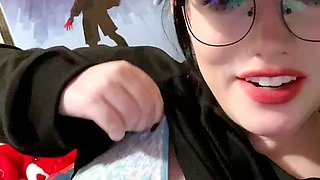 Busty curly brunette with big boobs fucks on couch