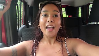 Cute sexy girl rubbing her pussy out in the wild so hard and drives home satisfied