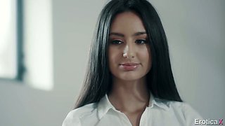 Sexy long haired secretary Eliza Ibarra rides firm cock on top