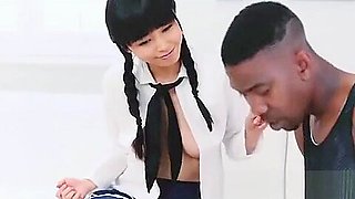 Japanese coed rides big black cock in uniform