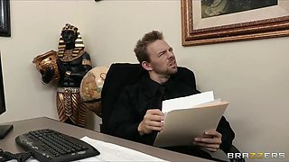 Busty brunette secretary Kiera King seduces her bosses at work