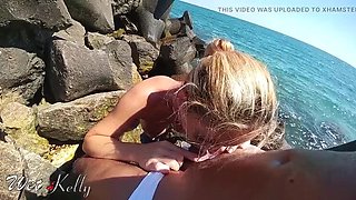 Blonde MILF Wet Kelly Sucks Cock on Beach - Risky Outdoor Blowjob & Cum in Mouth
