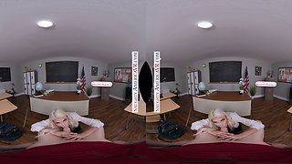 Naughty teacher, Bridgette B, teaches her student how to fuck with a hot cumshot in VR!
