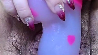 MILF Fucking Hairy Big Labia Cunt with Two Dildos