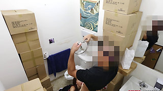 Dirty chick sucks co-worker's hard cock in the toilet