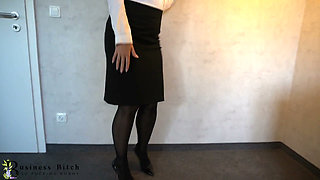 Business slut strip and dildo wall ride