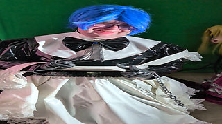 Layered PVC Maid Aoi in a long magic wand vibrator session