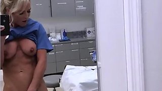 Perverted MILF nurse with huge boobs risky masturbates on a work