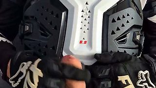 Motorcyclist in Gear Cum Hot on Himself