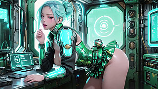 The Green Armored Girl! Silver-haired Valkyrie kneeling and glancing back, fingertips tracing her cold metallic suit.