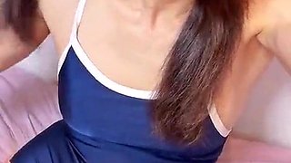 TRANSSEXUAL Anime Bathing suit Solo - Wanking Off & Jizzing Inwards Latex Taunt
