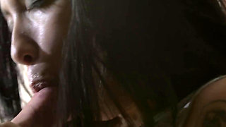 Asian beauty gets lifted and fucked against the bedroom wall
