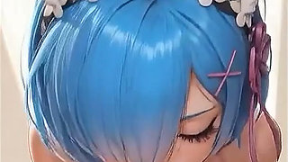 IA Rem (Re:Zero) gives a footjob, gets a cumshot on her feet, rides cowgirl-style, and finishes with a blowjob and a facial