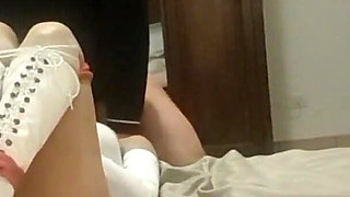 Blowjob Bound on a Bed, Wearing Platform Boots and Pantyhose, You Can See My Beautiful Ass and Legs