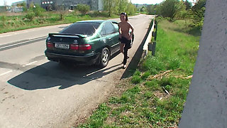 Picked up brunette teen blowing and riding two dicks