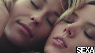 Stunning lesbian blondes eat each other's pussy to wild orgasms