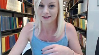 Blonde mature star Shelly flashing in public library