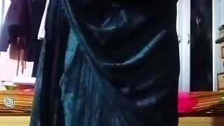 Indian Bum chum Crossdresser Bottom pressing and toying with her immense boobies in black saree real homemade gonzo fuckfest