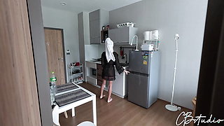 Just don't cum inside me! Stepmom let stepson fuck her in the kitchen