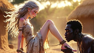 White Woman in Bondage - African Man Passionate Foot Licking