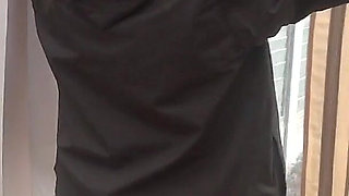 Flashing in the Yard in Tan Pantyhose and Coat